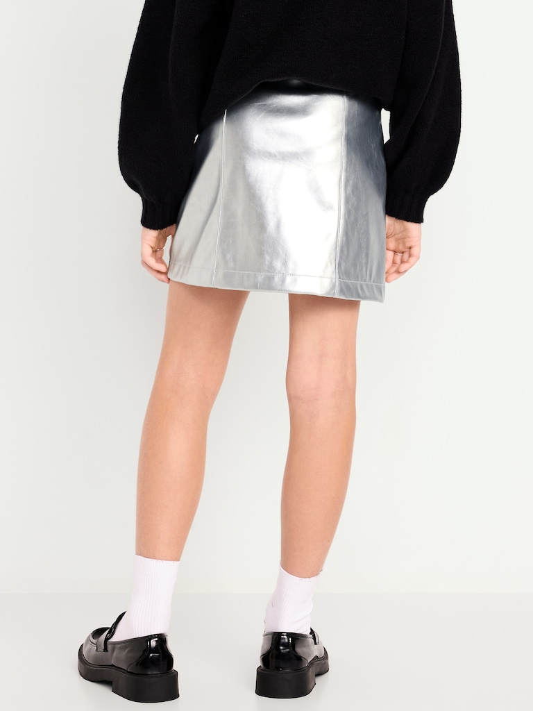 Faux-Leather Silver Shine Button-Front Skirt for Girls