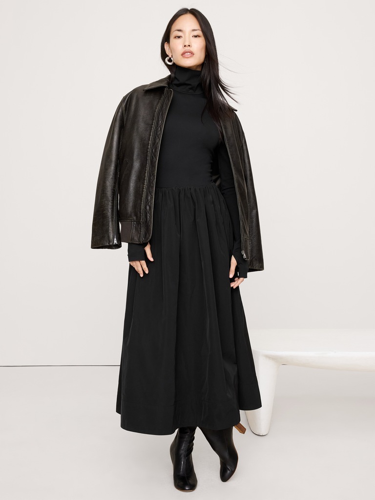 Taffeta Combo Turtleneck Maxi Dress
