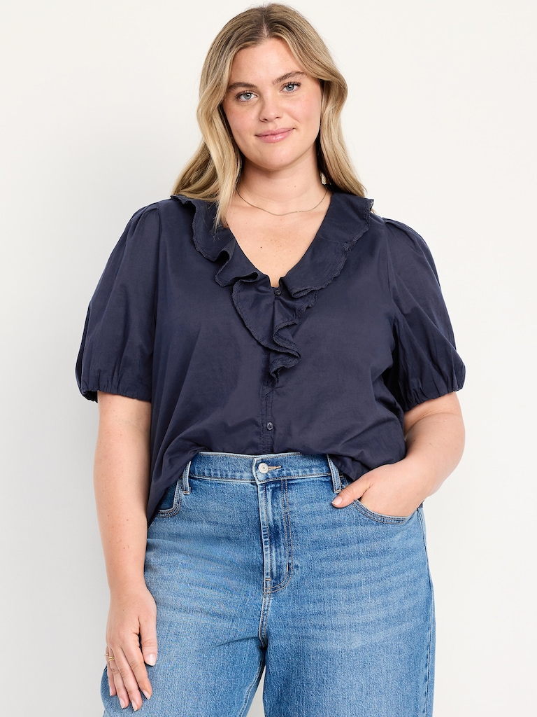 Ruffle Collar Button-Down Top