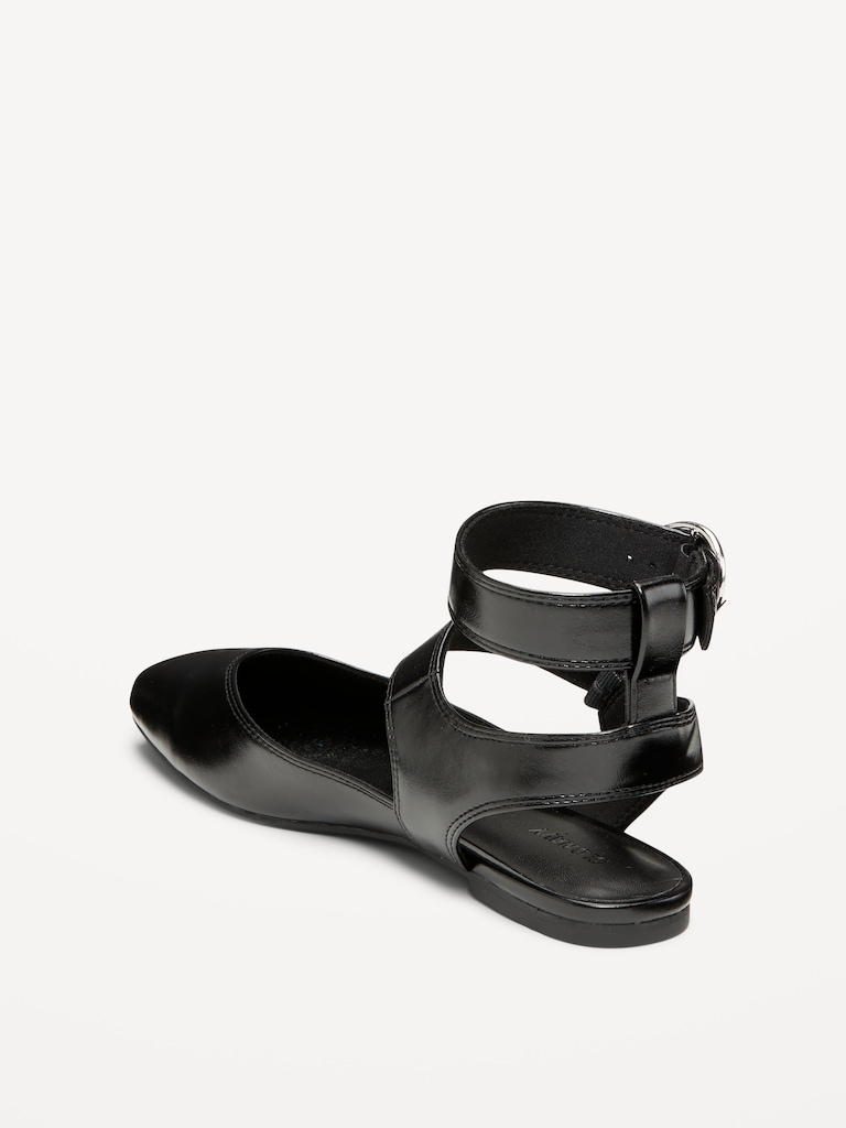 Faux-Leather Double Ankle-Strap Flats for Women