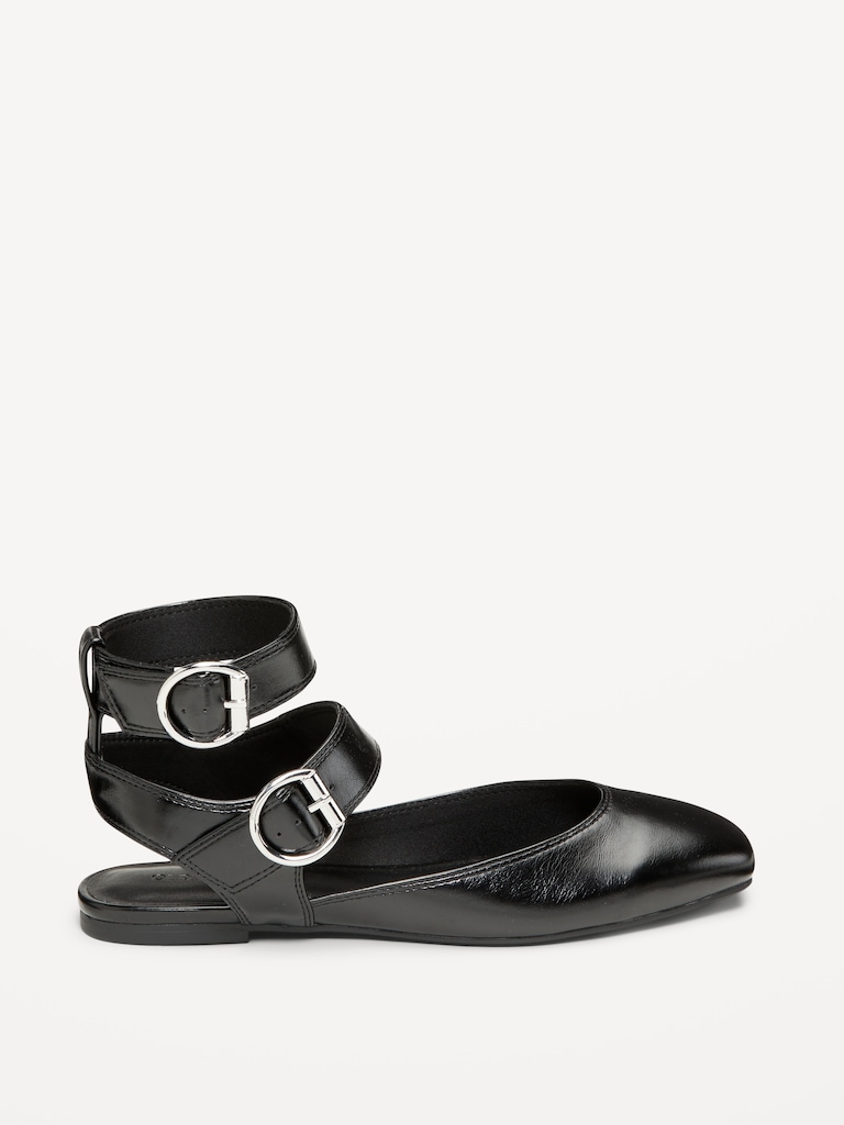 Faux-Leather Double Ankle-Strap Flats for Women