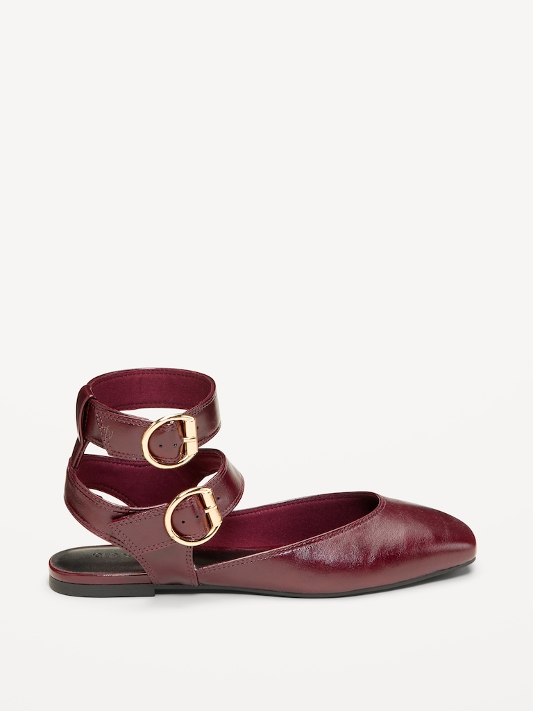 Faux-Leather Double Ankle-Strap Flats for Women