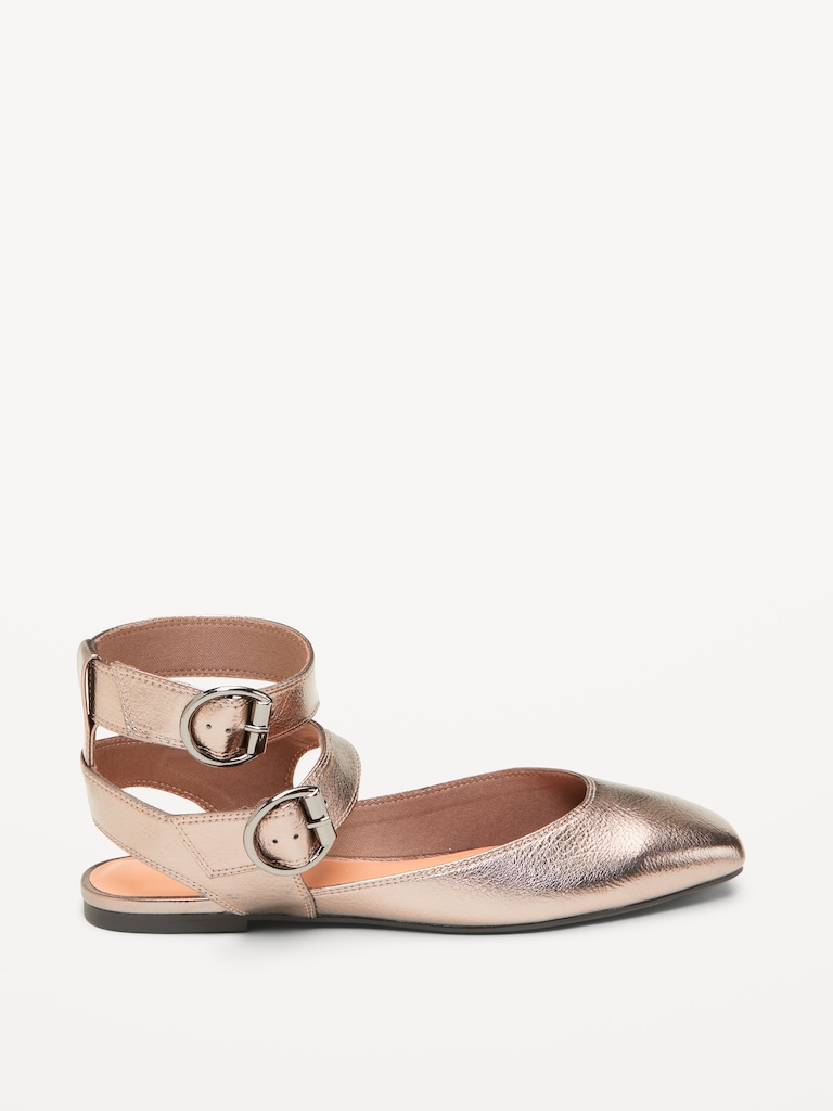 Faux-Leather Double Ankle-Strap Flats for Women