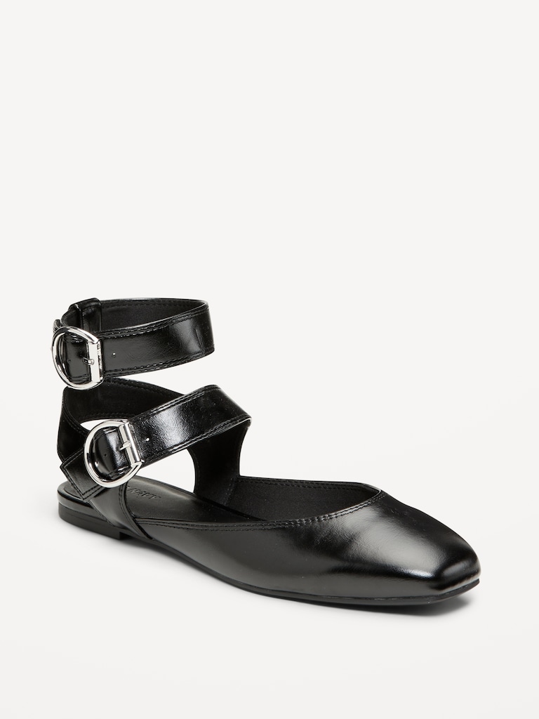 Faux-Leather Double Ankle-Strap Flats for Women