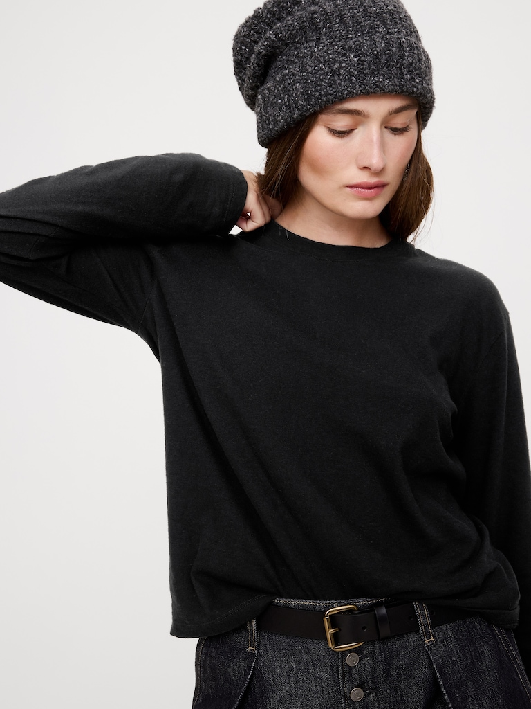 Cotton Slub Long-Sleeve Boyfriend T-Shirt