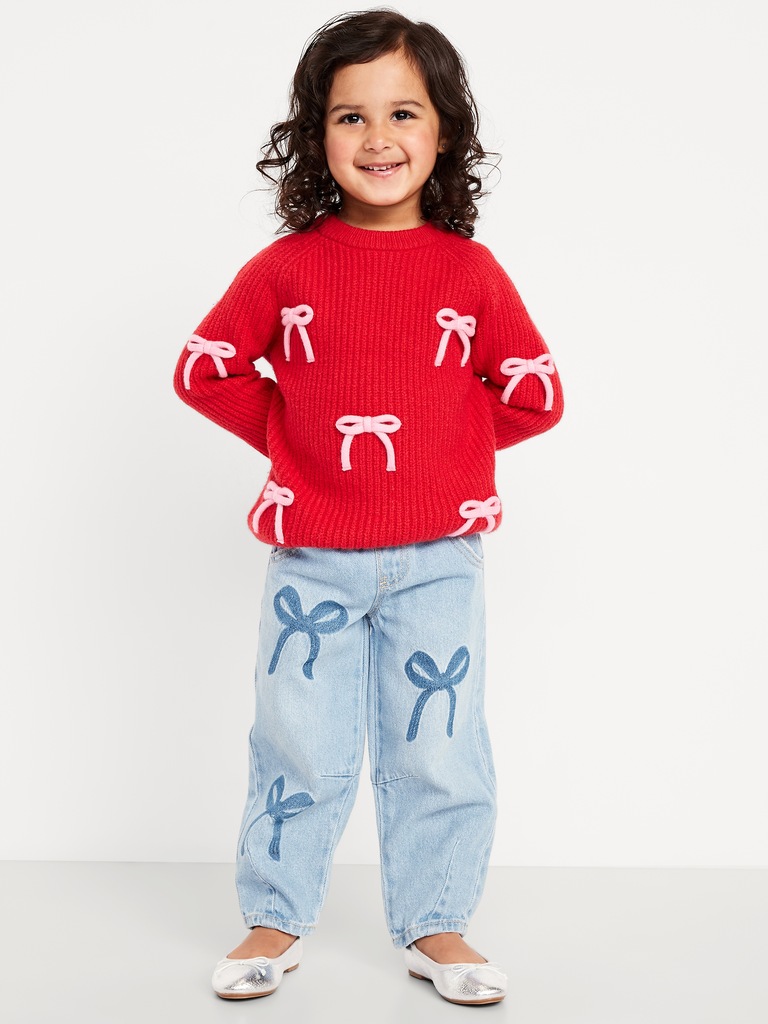 Pull-On Baggy Bow Barrel-Leg Jeans for Toddler Girls