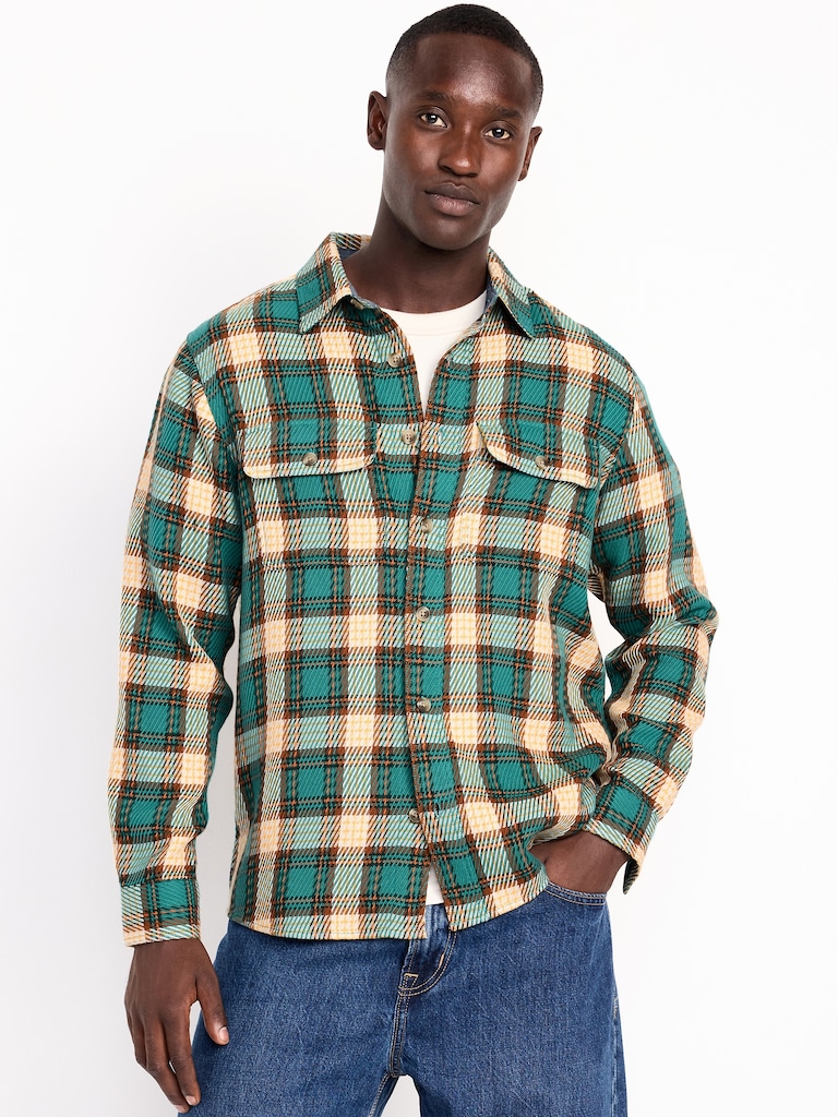 Loose Fit Textured Plaid Pocket Shirt