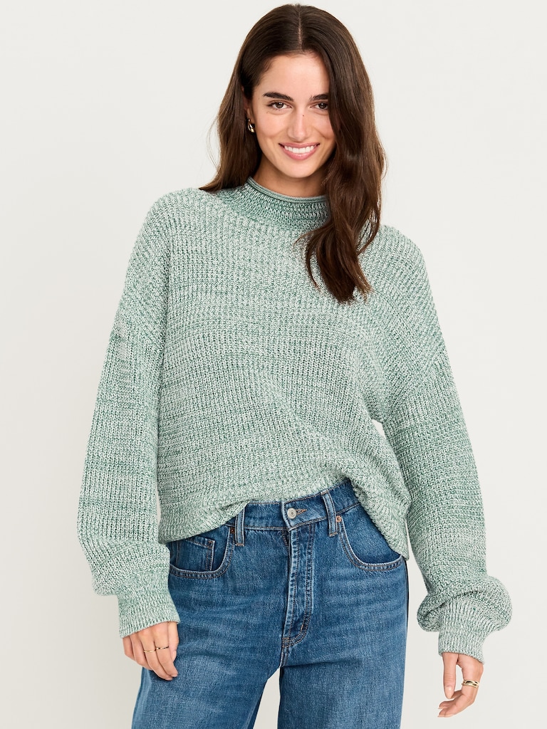 Roll-Neck Marled Seaside Cotton Sweater