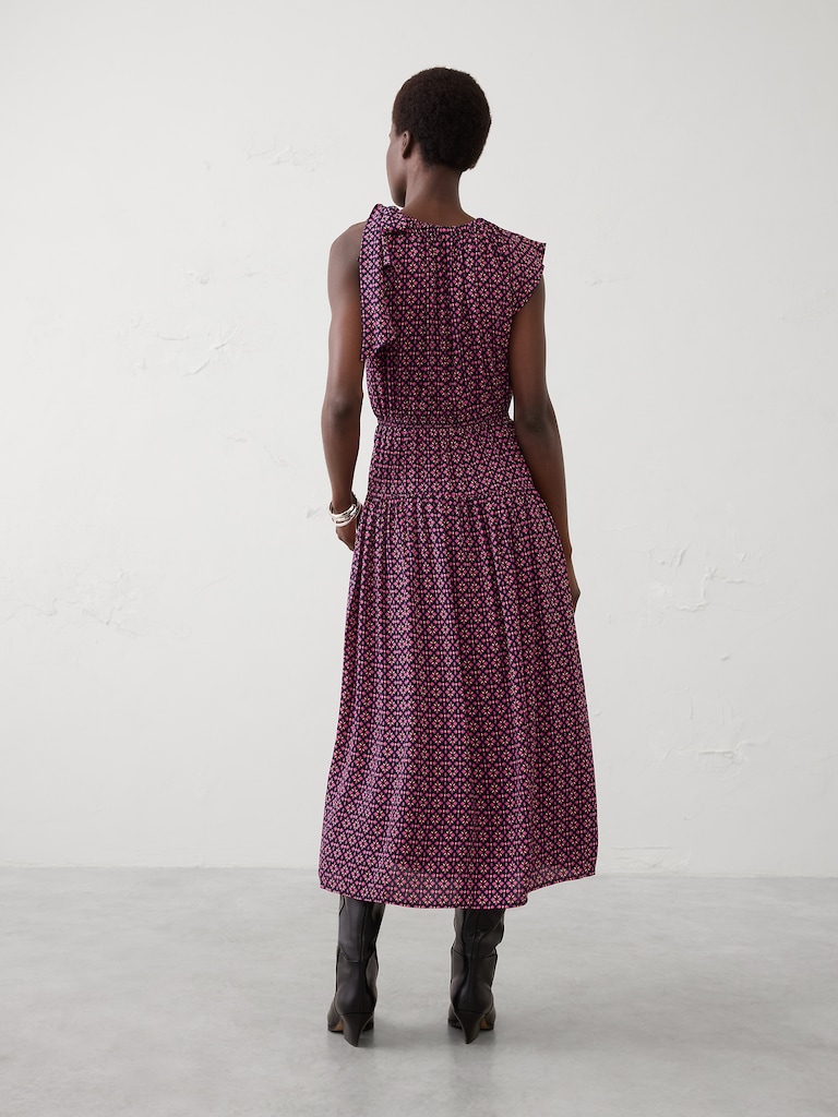 Shirred-Neck Drop-Waist Midi Dress
