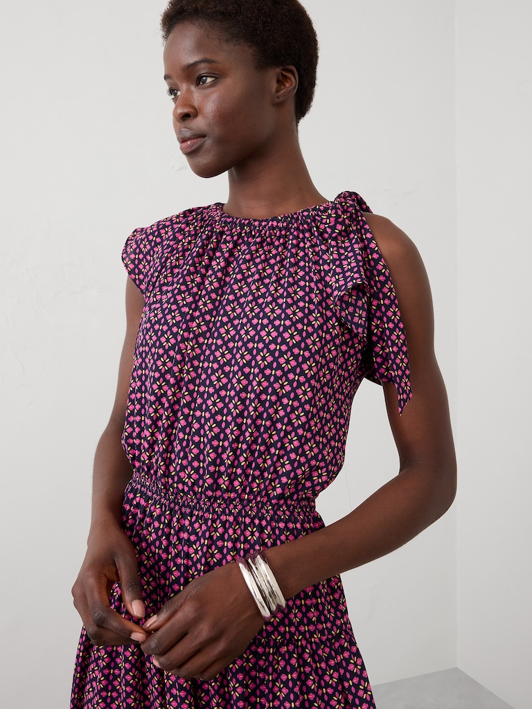 Shirred-Neck Drop-Waist Midi Dress