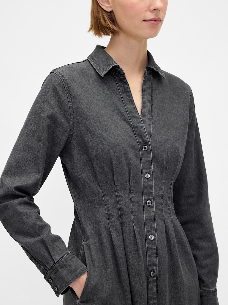 Denim Pintuck Button-Front Maxi Dress