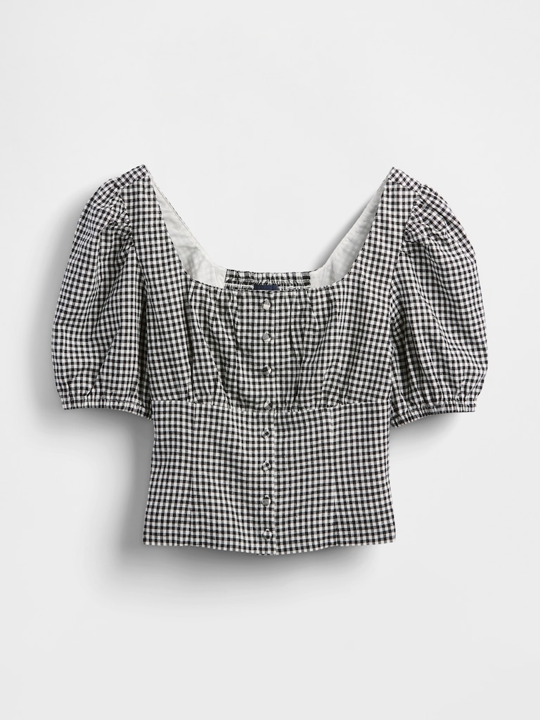 Linen-Blend Puff-Sleeve Crop Corset Top