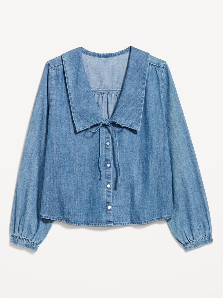 Long-Sleeve Button-Down Cropped Denim Shirt