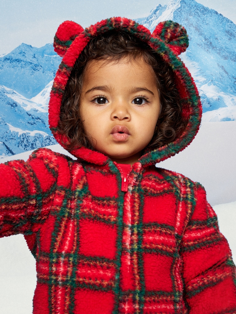 Hooded Plaid Critter Sherpa One-Piece for Baby