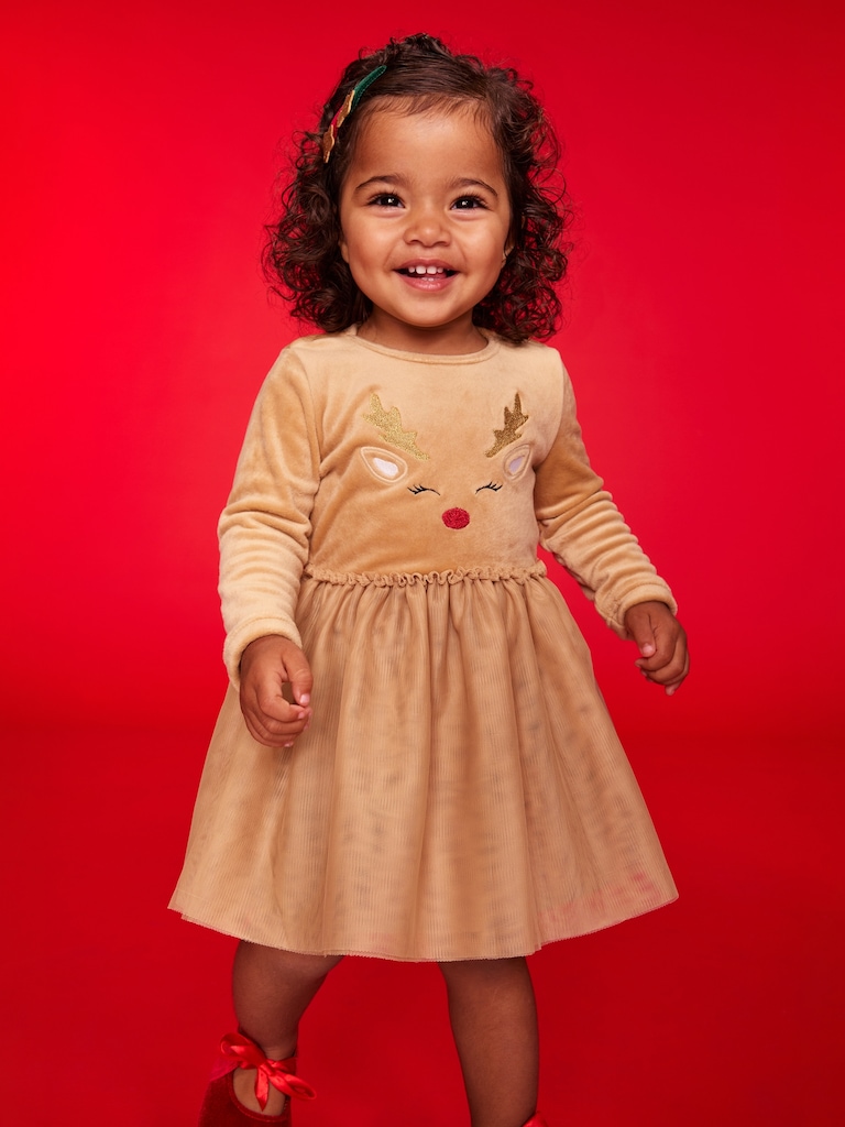 Long-Sleeve Fit and Flare Velour Holiday Tutu Dress for Baby