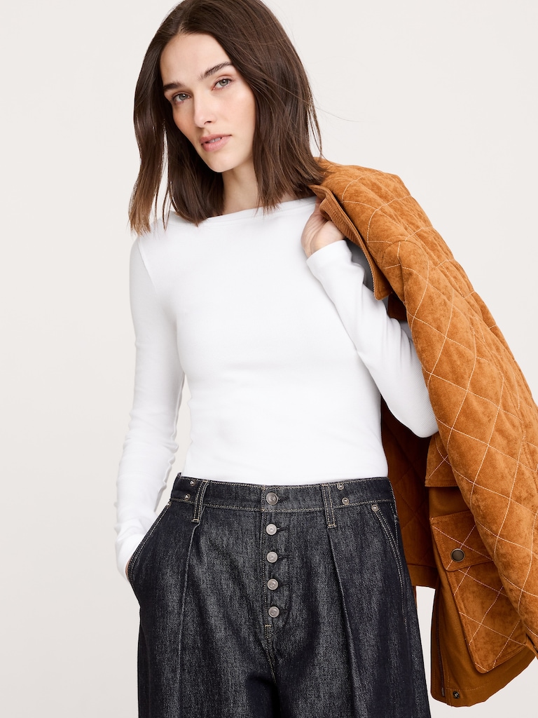 Ribbed Boat-Neck T-Shirt