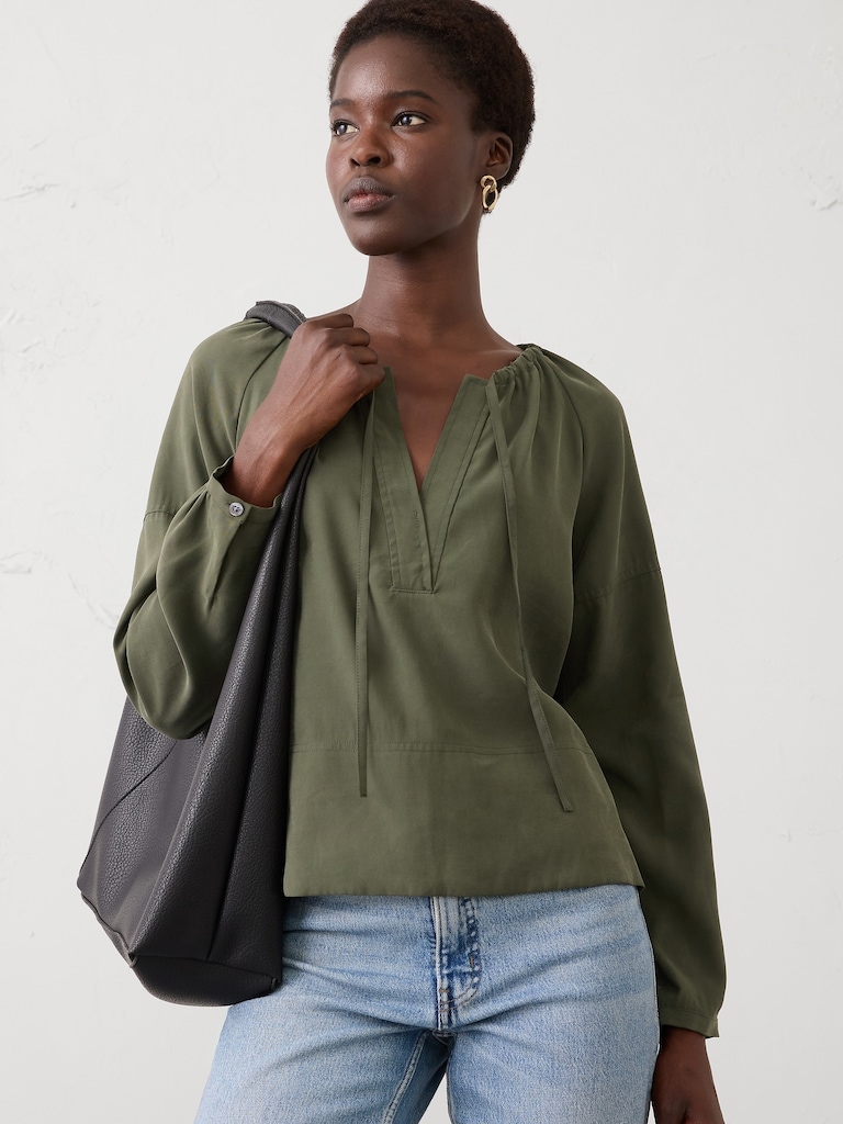 Twill Shirred Popover Shirt