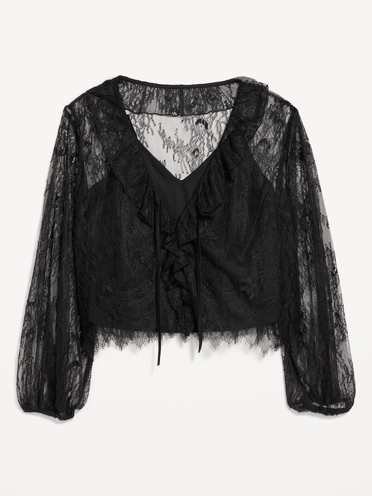 Long-Sleeve Lace V-Neck Lined Top
