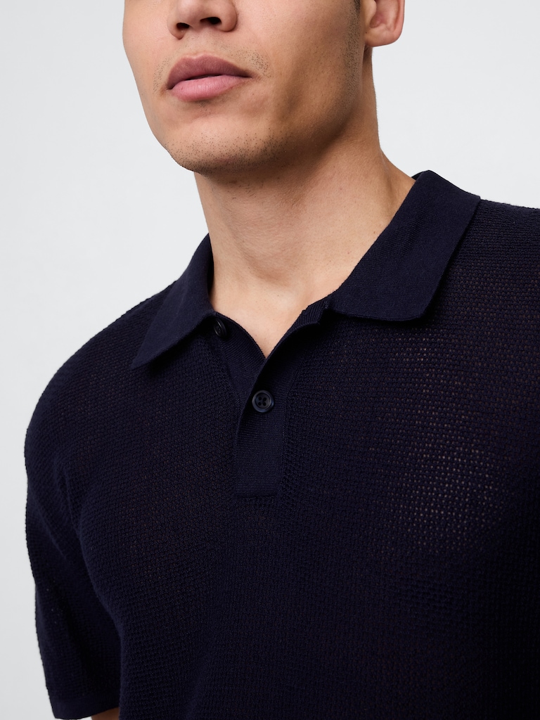 Textured Crochet Polo Sweater