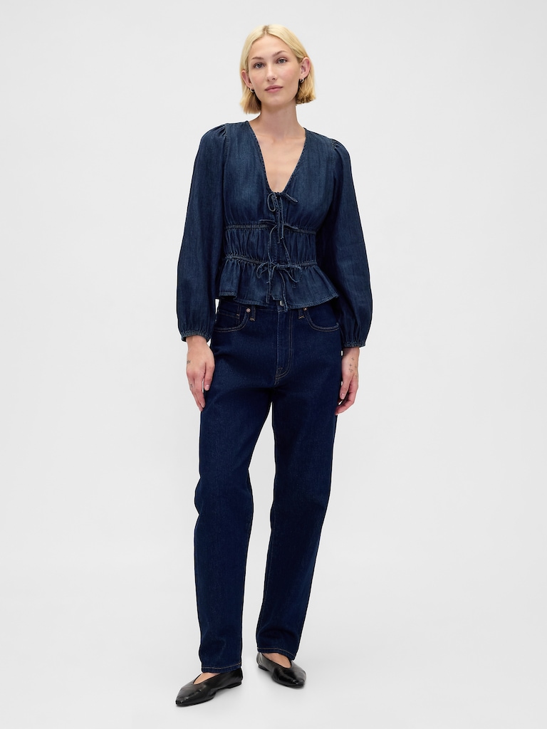 Denim Tie-Front Crop Shirt