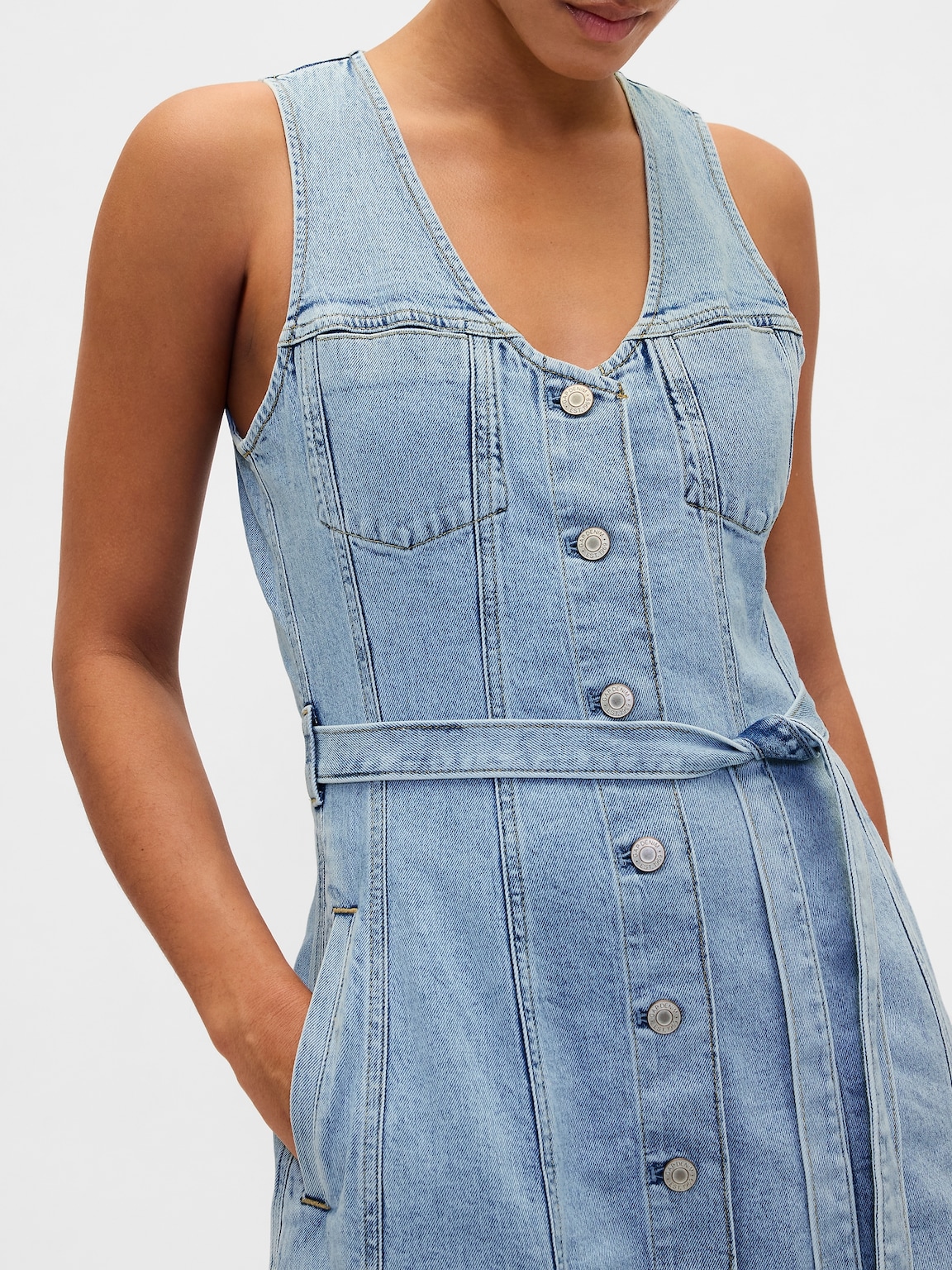 Denim Belted Button-Front Maxi Dress