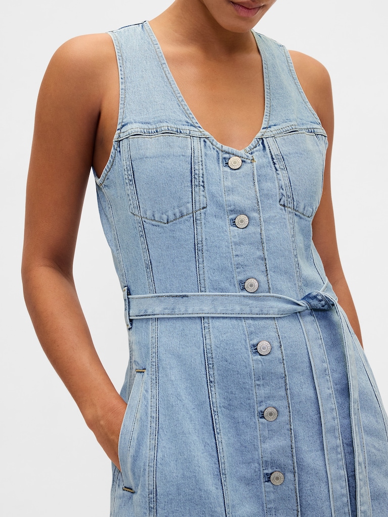 Denim Belted Button-Front Maxi Dress