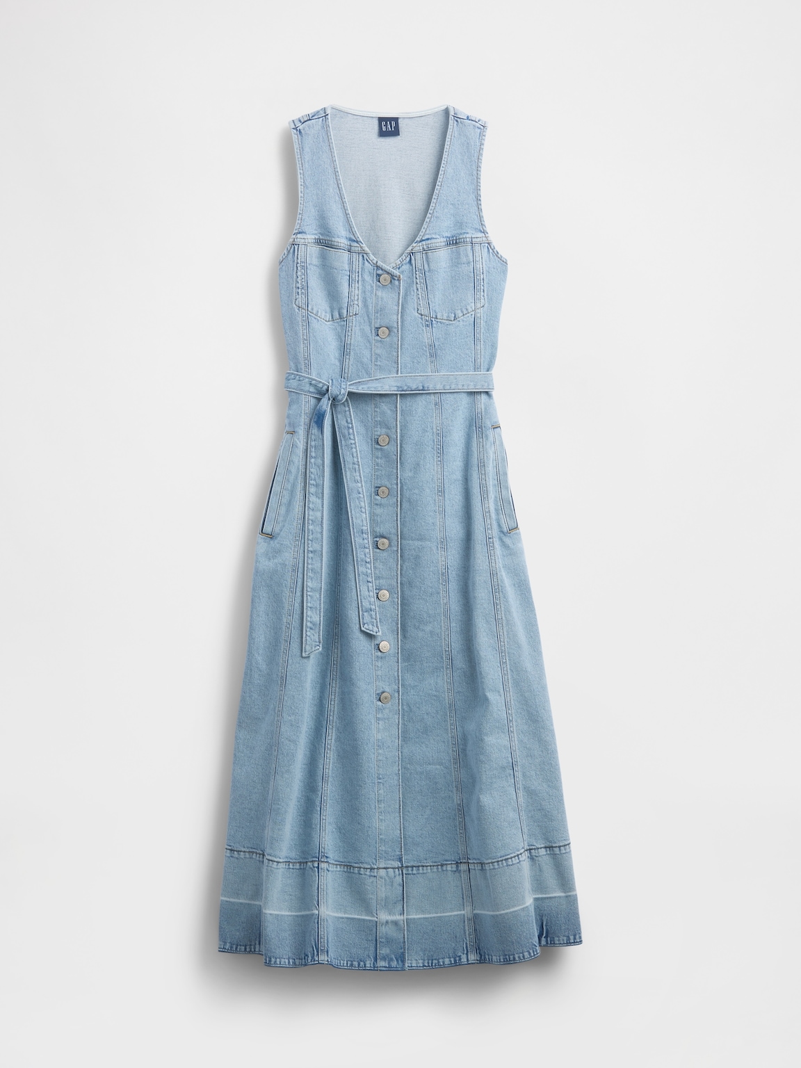 Denim Belted Button-Front Maxi Dress