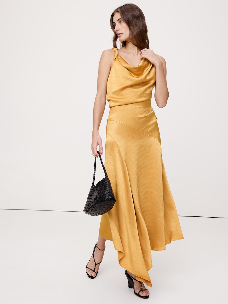 Hammered Satin Twist-Shoulder Dress