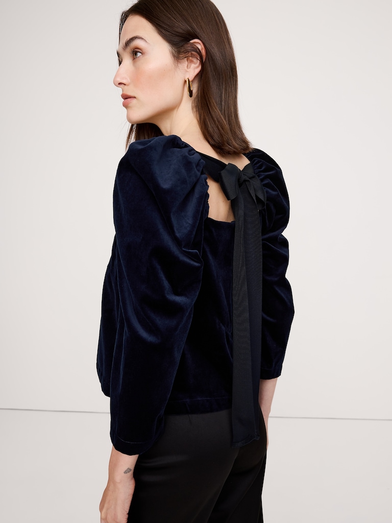 Cotton Velvet Puff-Sleeve Top