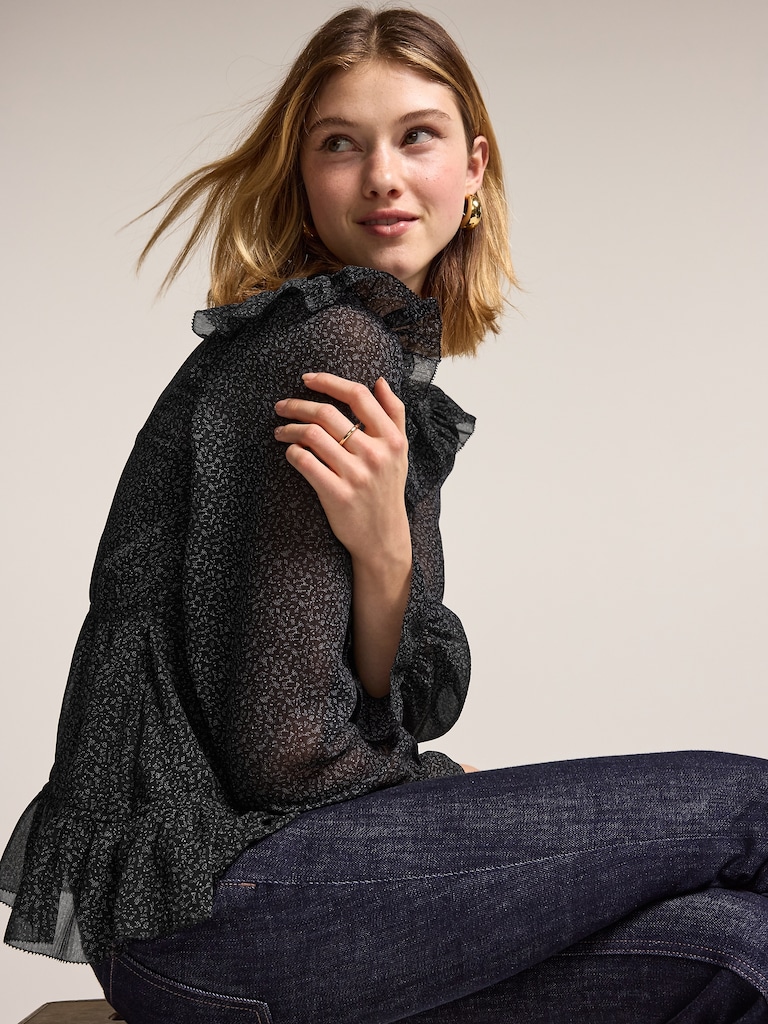 Old Navy x Anna Sui Chiffon Ruffle Button-Down Top