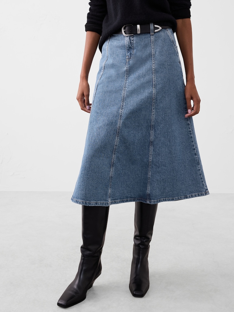 Denim Flared Midi Skirt