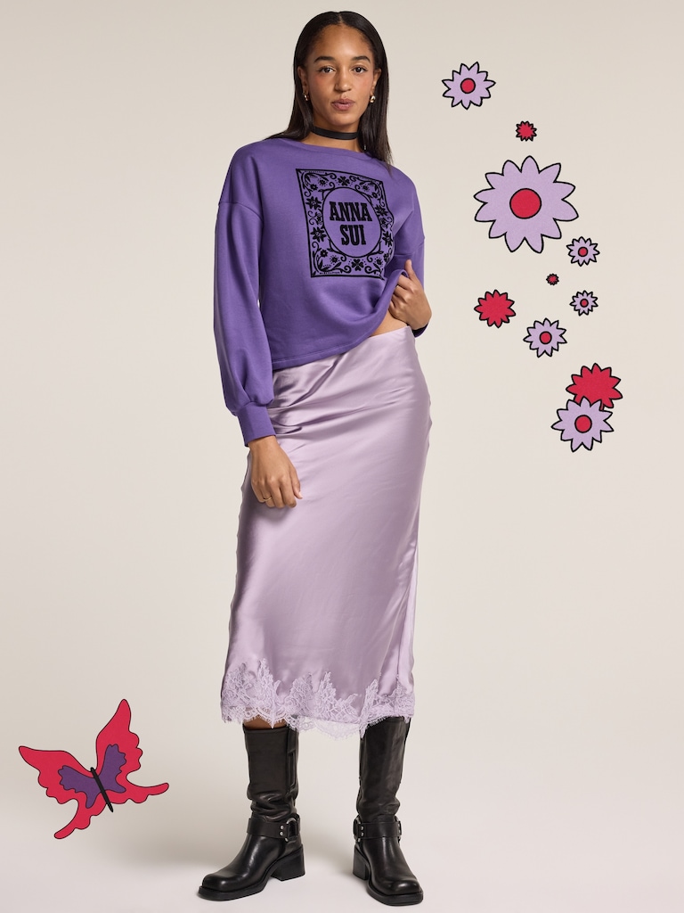 Old Navy x Anna Sui Satin Lace Hem Midi Skirt