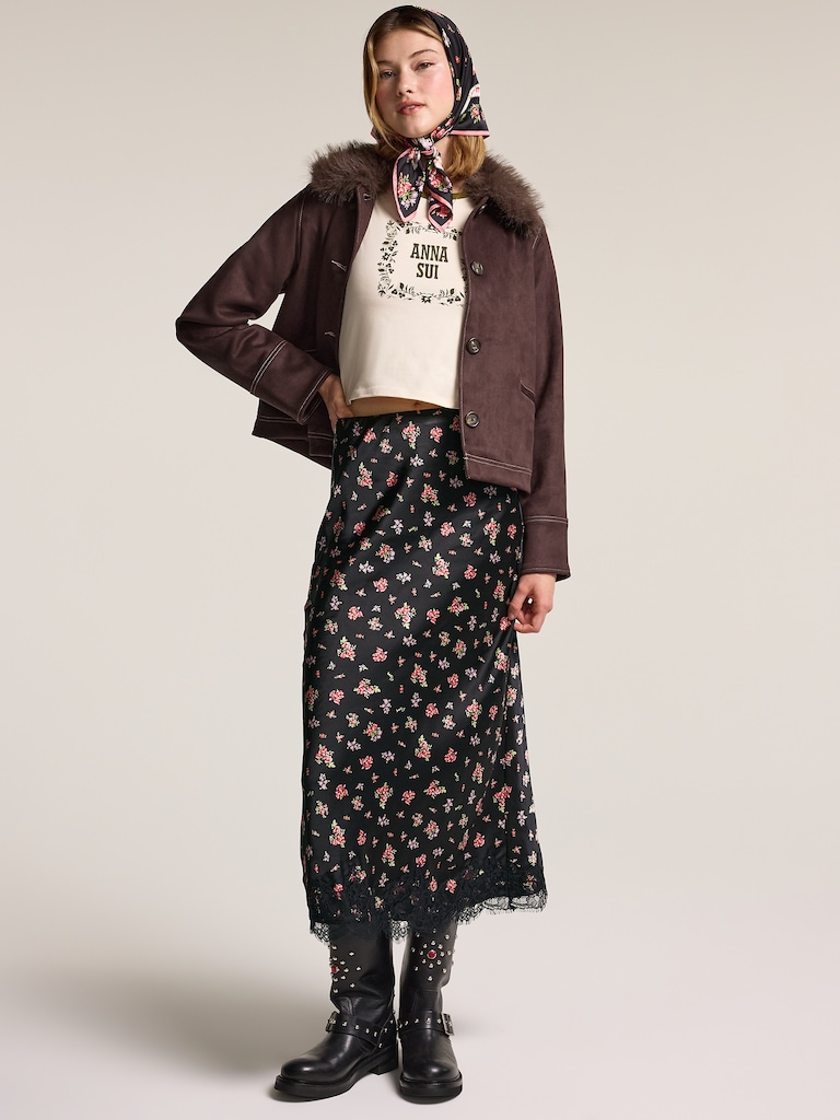 Old Navy x Anna Sui Satin Lace Hem Midi Skirt