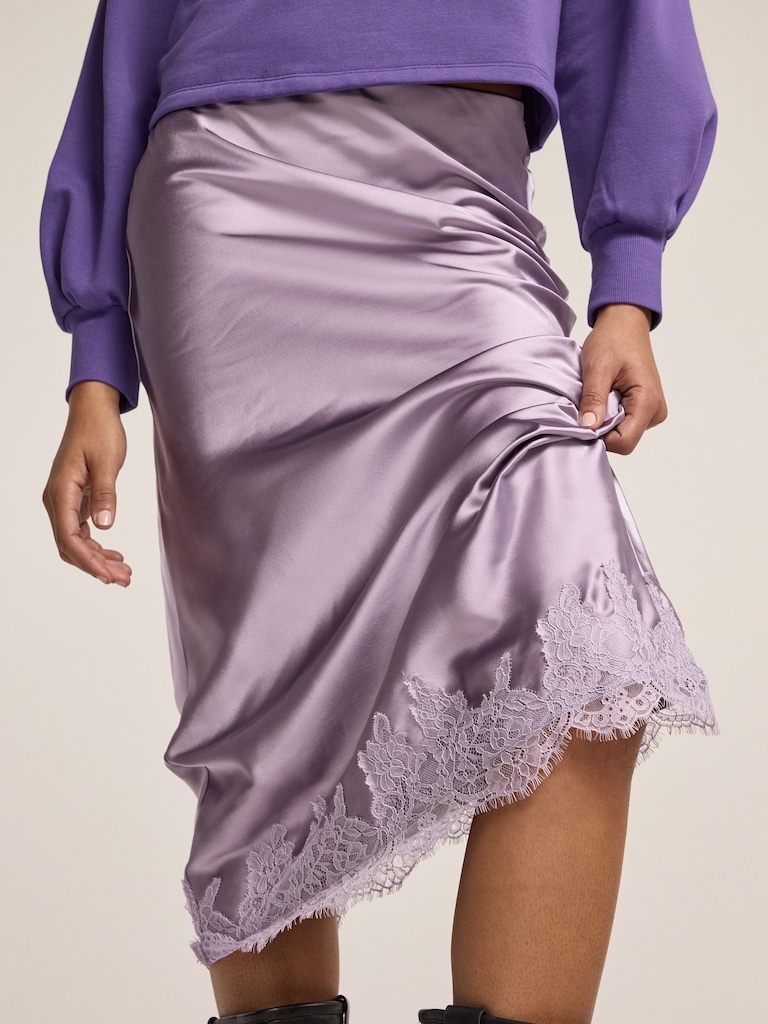 Old Navy x Anna Sui Satin Lace Hem Midi Skirt