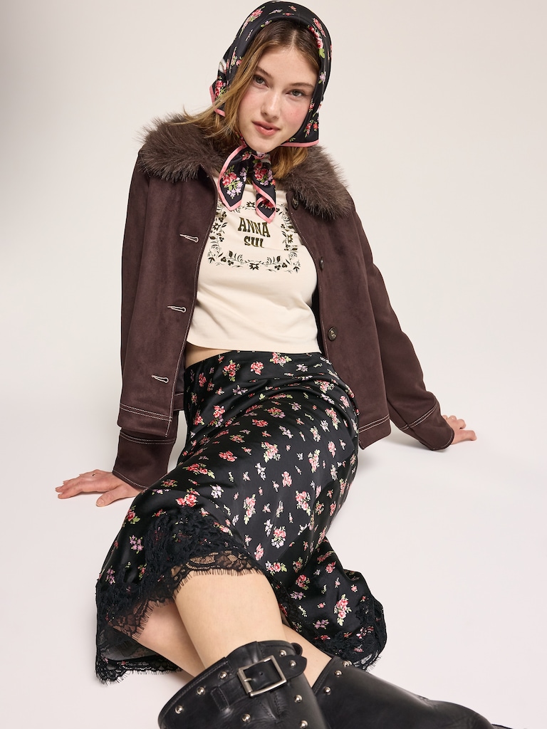 Old Navy x Anna Sui Satin Lace Hem Midi Skirt