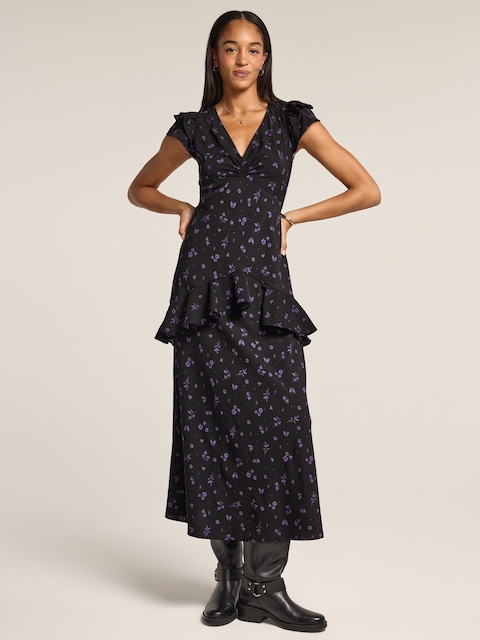 fitted lace wedding dress Purple Floral Print V Neck Long Sleeve Vintage Dress, Purple / L main image 0