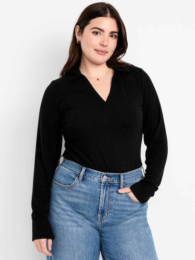 Split-Neck Long-Sleeve Pullover Shirt