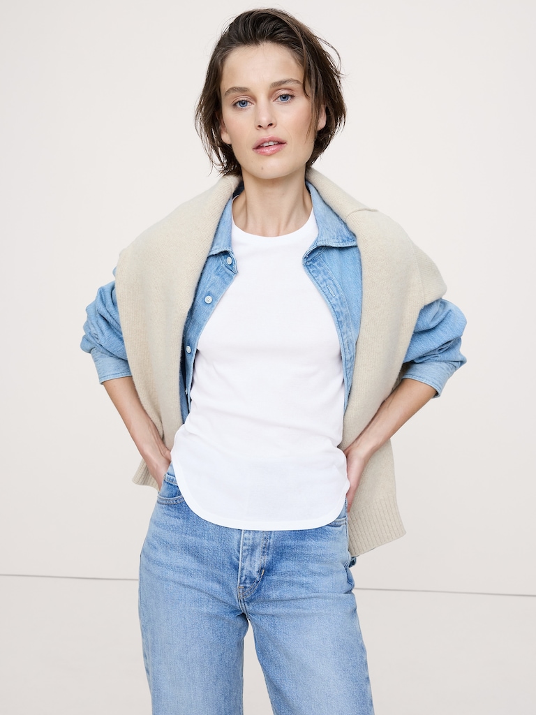 Baby Rib Cotton Elbow-Sleeve T-Shirt