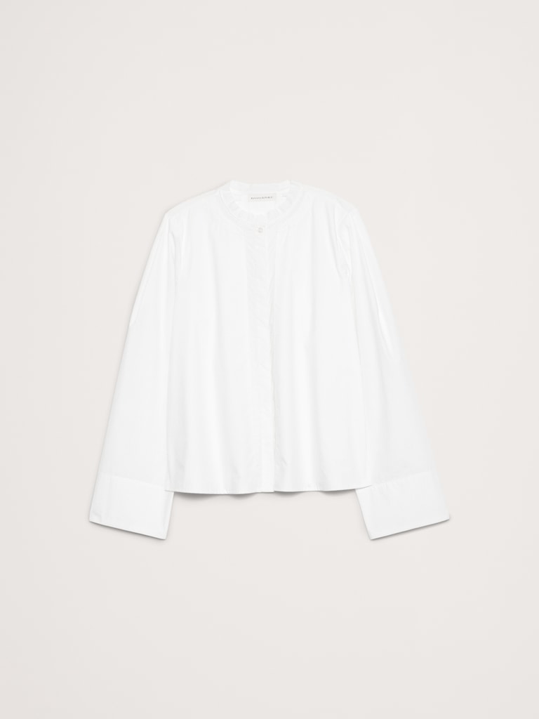 Cotton Poplin Banded-Collar Top