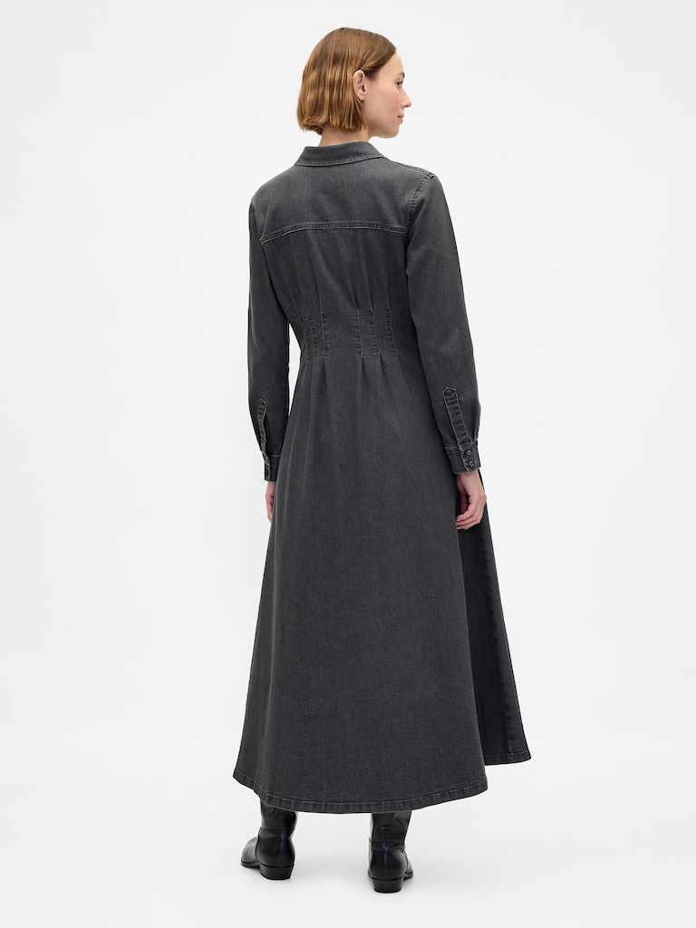 Denim Pintuck Button-Front Maxi Dress