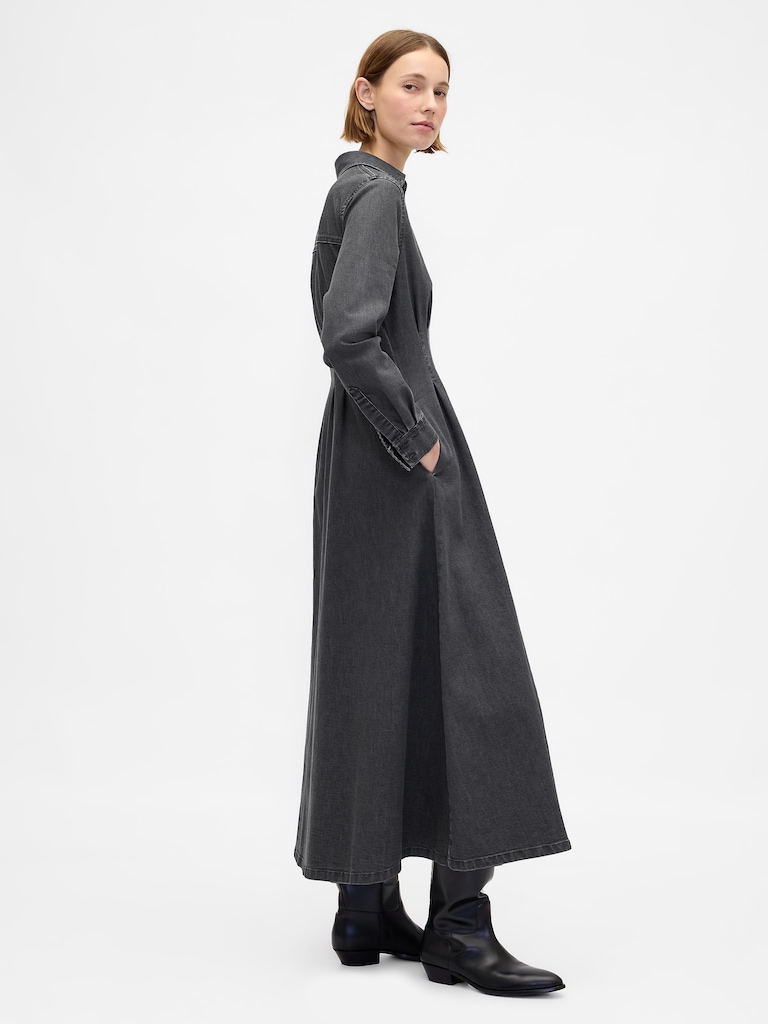 Denim Pintuck Button-Front Maxi Dress