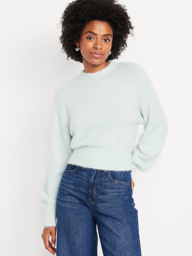 Cropped Crew-Neck Eyelash Sweater