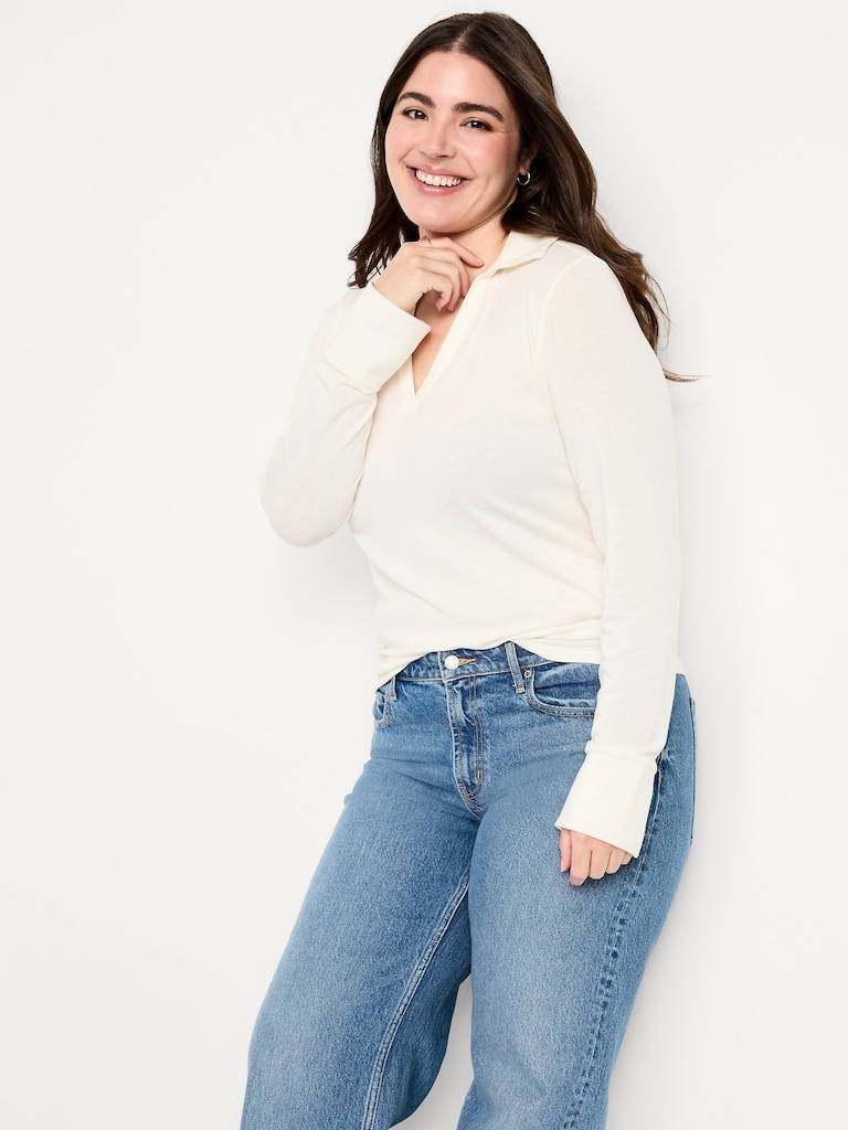 Split-Neck Long-Sleeve Pullover Shirt