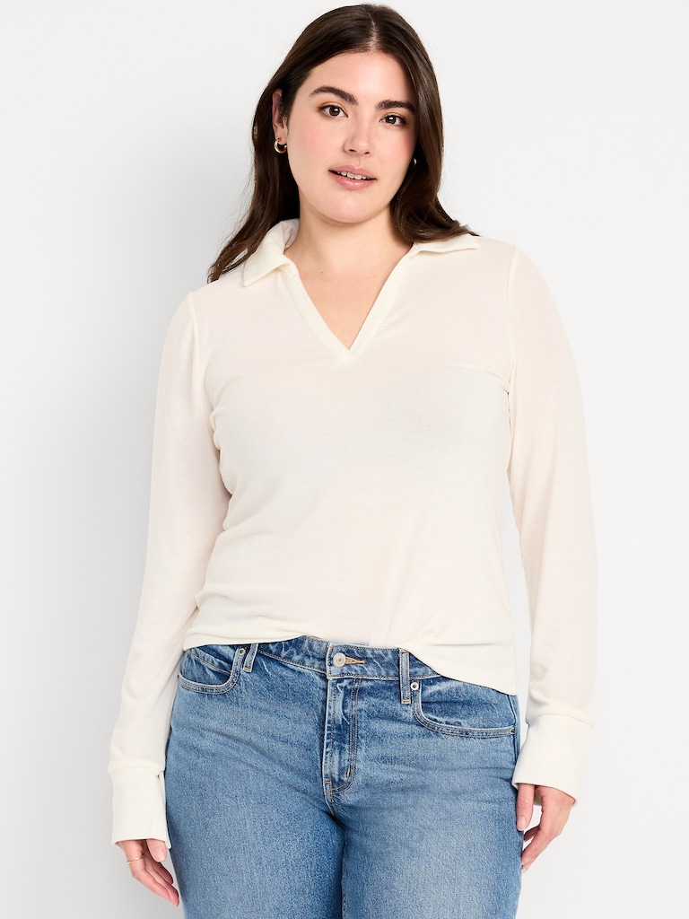 Split-Neck Long-Sleeve Pullover Shirt