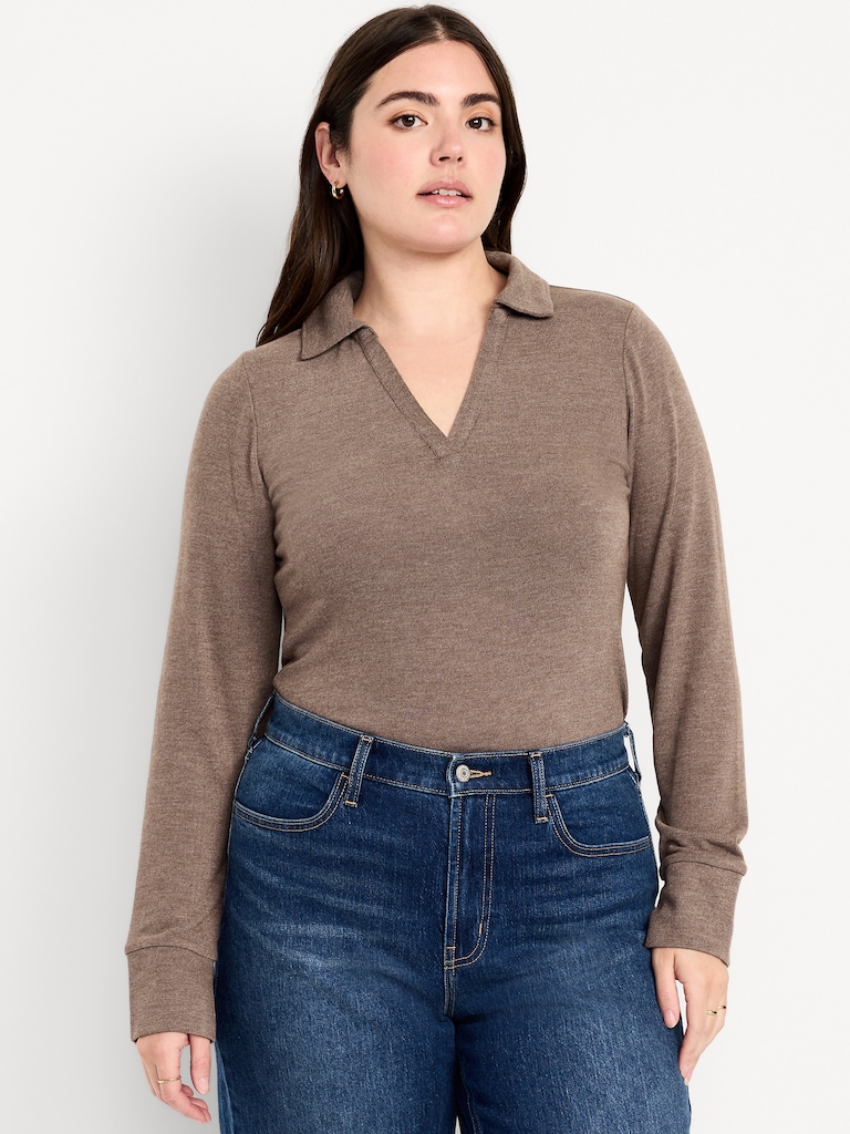 Split-Neck Long-Sleeve Pullover Shirt