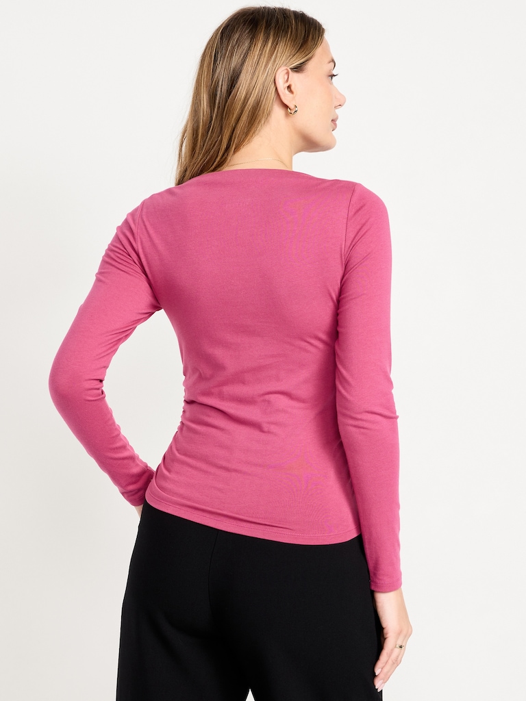 Long-Sleeve Slit-Neck Ruched Top
