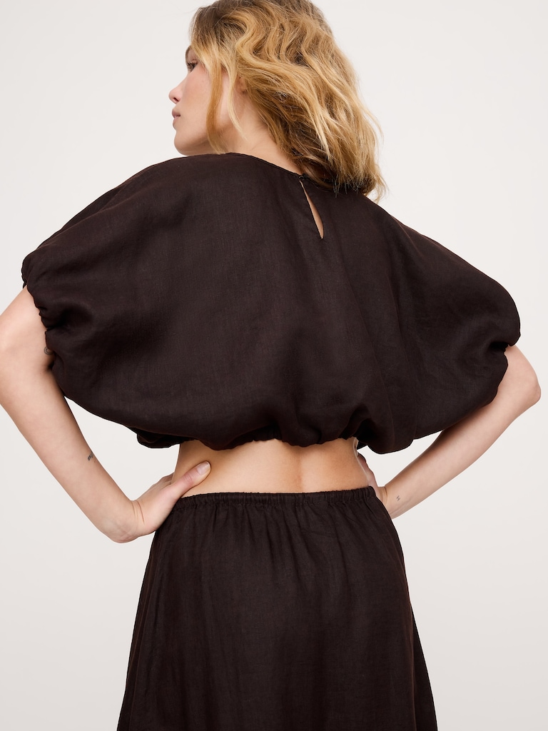 Linen Bubble-Hem Cropped Top