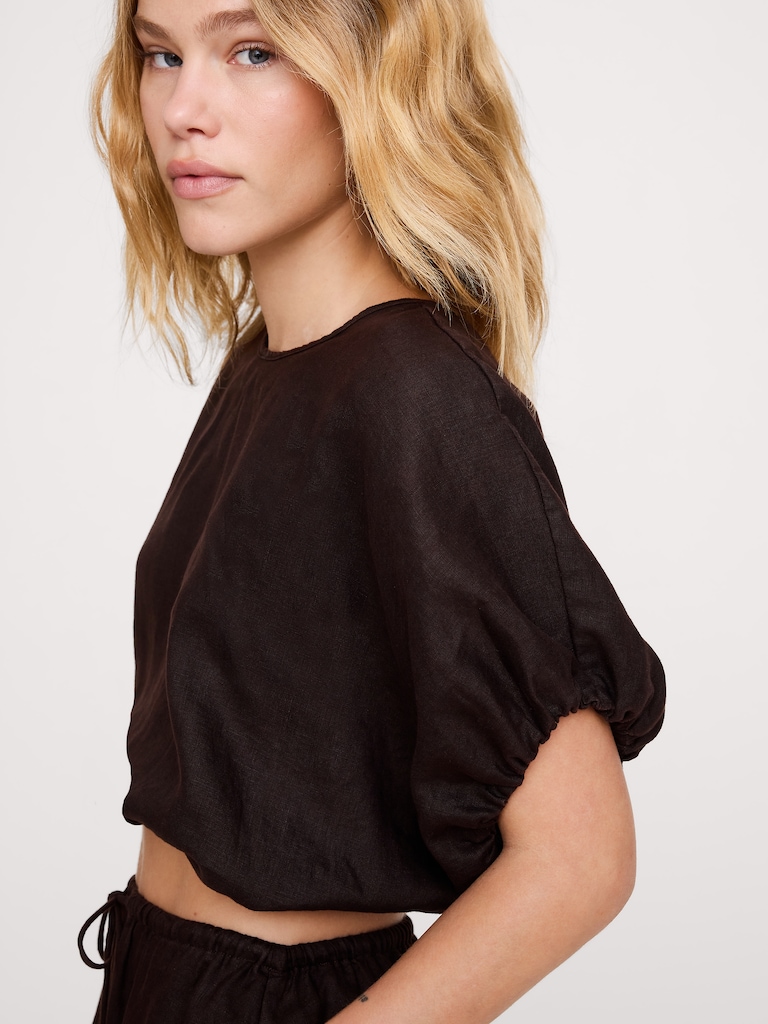 Linen Bubble-Hem Cropped Top