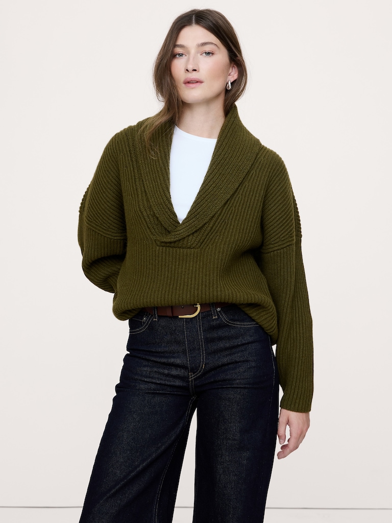 Merino-Cotton Shawl-Collar Sweater