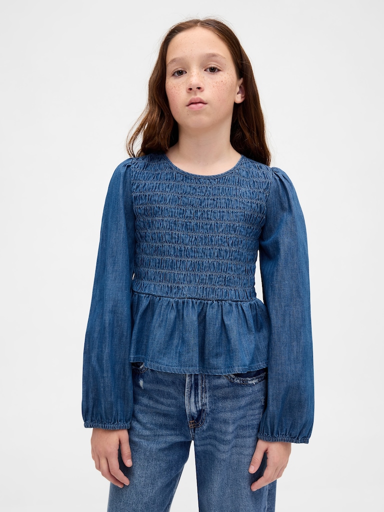 Kids Denim Smocked Peplum Top